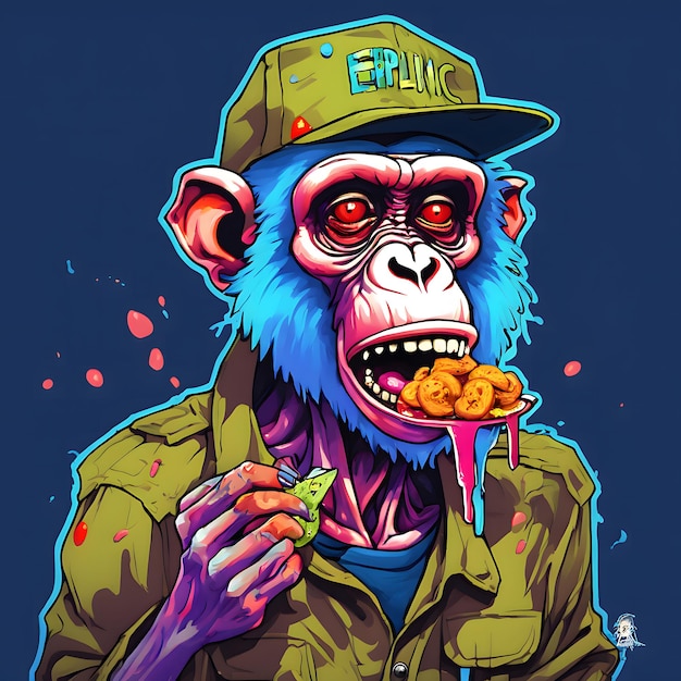 Vector illustration of a monkey in a cap and a jacket with ice cream