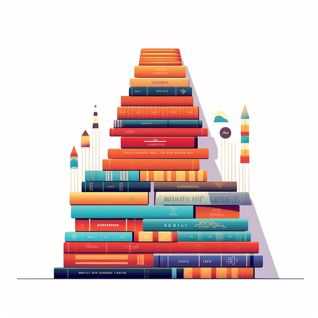 Photo vector illustration of a neatly stacked pile of colorful books on a white background