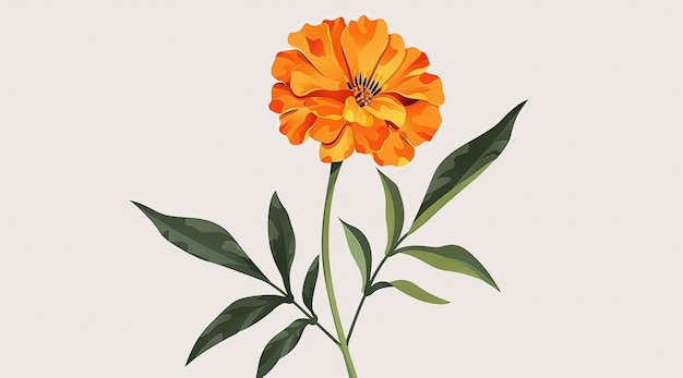 Photo an vector illustration of an orange marigold flower with green leaves on its stem gray background