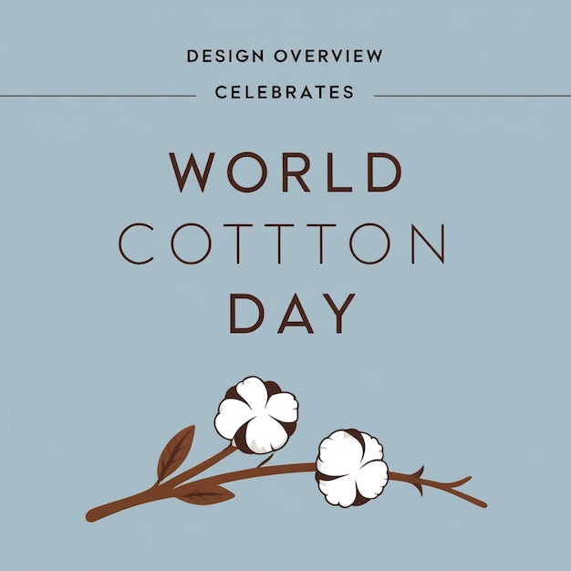 Photo vector illustration of raw cotton branch with flowers and blue frame for world cotton day october 7