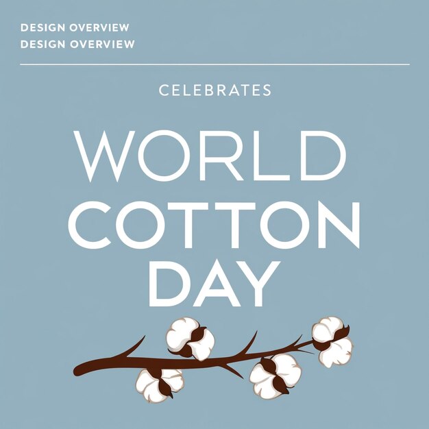 Photo vector illustration of raw cotton branch with flowers and blue frame for world cotton day october 7