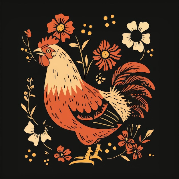 Vector illustration of a rooster with flowers and butterflies on a black background