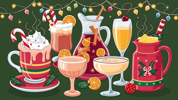 Photo vector illustration of a set of different christmas drinks