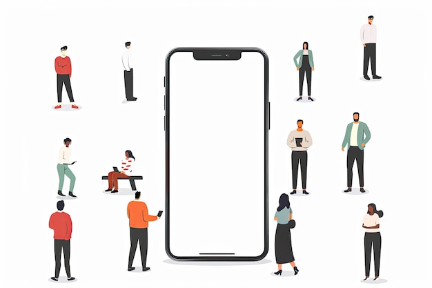 Photo vector illustration set of smartphone and people design space on smartphone screen