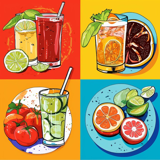 Vector illustration of a set of summer drinks Orange grapefruit lime lemon watermelon