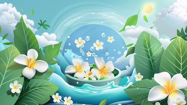 Vector illustration of Songkran water festival in Thailand featuring a bowl of flowers in water with splashing droplets set against a backdrop of tropical green leaves and white flowers with a blue