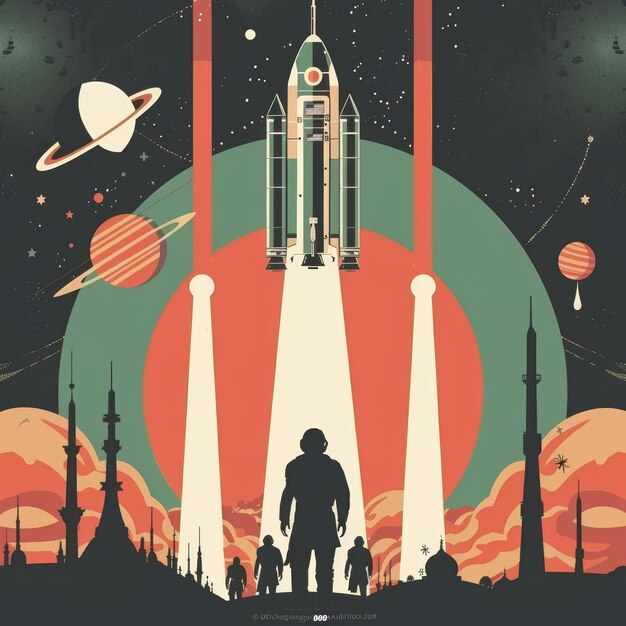 Photo vector illustration of space travel with rocket and people on planet background