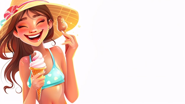 Vector illustration of a sweet girl character enjoying an ice cream dressed in a playful summer swimsuit and a floppy hat with a bright smile on a white background