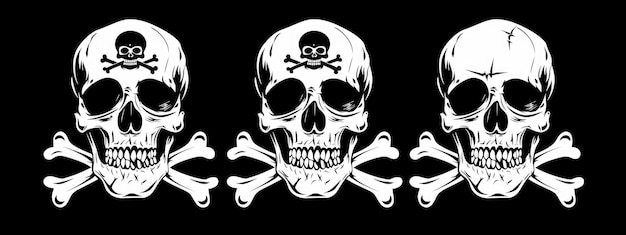 Photo vector illustration of three white pirate flags with skull and crossbones on a black background with a simple design using flat vector graphic