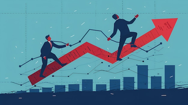 Photo vector illustration of two businessmen pushing a red arrow upward against a line graph growth visu