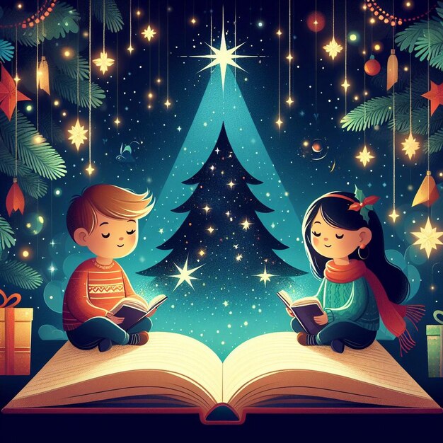 Vector illustration of two children reading book