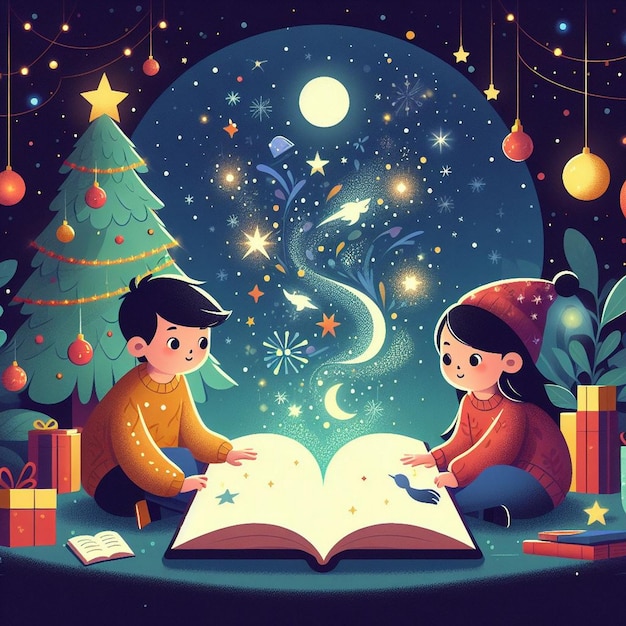 Vector illustration of two children reading book