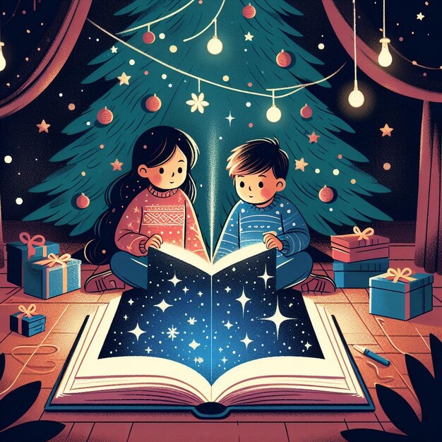 Vector illustration of two children reading book