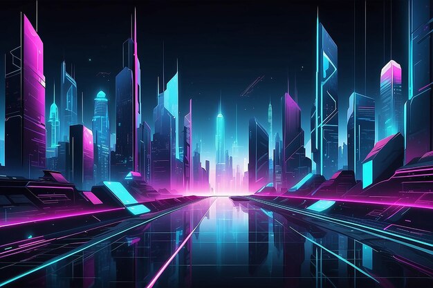 Vector illustration urban architecture cityscape with space and neon light effect Abstract digital high tech city design for banner background