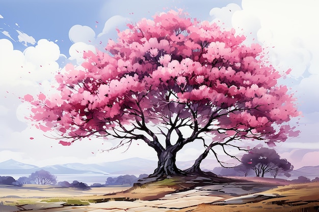 Vector Illustration of Watercolor Blooming Flower Tree