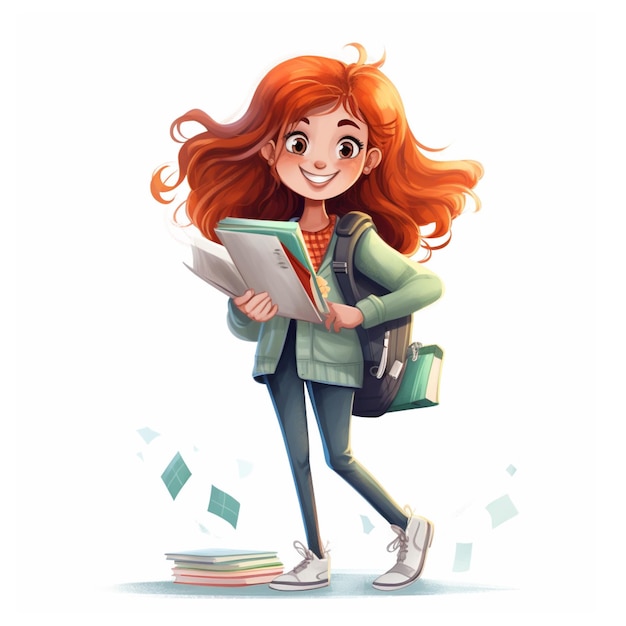 vector illustration on a white background a redhaired cute girl with a backpack