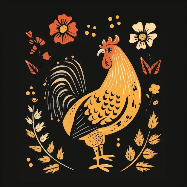 Vector illustration with rooster and flowers on black background Hand drawn design elements