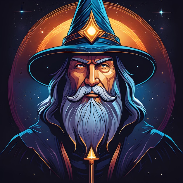 Vector illustration of a wizard in a hat with a magic wand