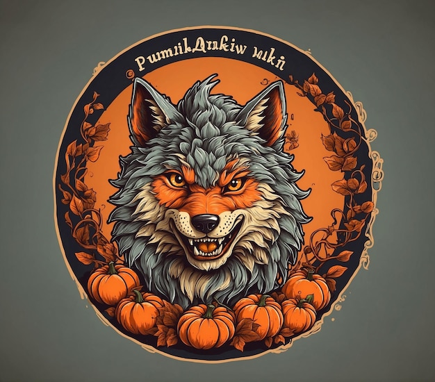 Vector illustration of a wolf head in a round frame with pumpkins