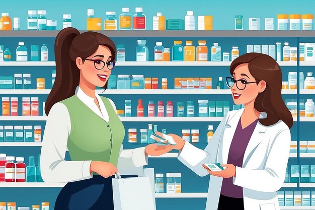 A vector illustration of woman buying medicine in a pharmacy