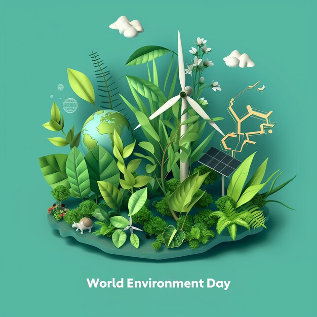 Photo vector illustration of a world environment day event showcasing lush greenery renewable energy sou