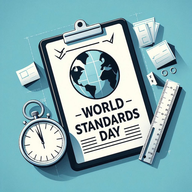 Photo vector illustration of world standards day banner globe stopwatch ruler scale quality board vector