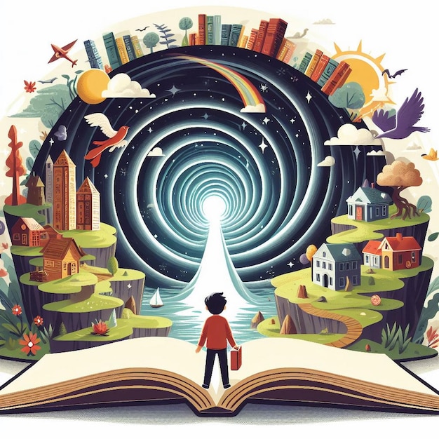 Vector illustration of a young child in a magical portal made of books