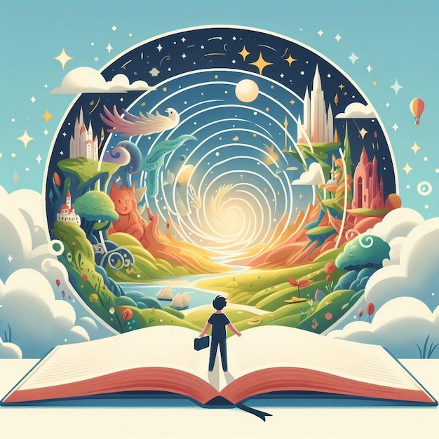 Vector illustration of a young child in a magical portal made of books