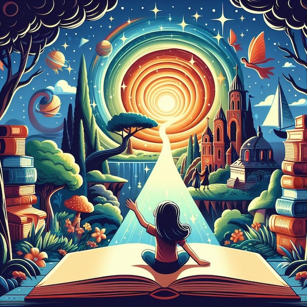 Vector illustration of a young child in a magical portal made of books