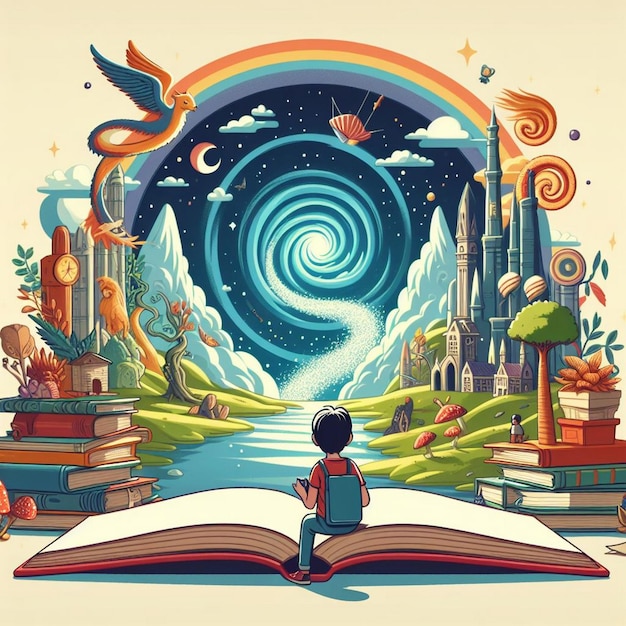 Vector illustration of a young child in a magical portal made of books