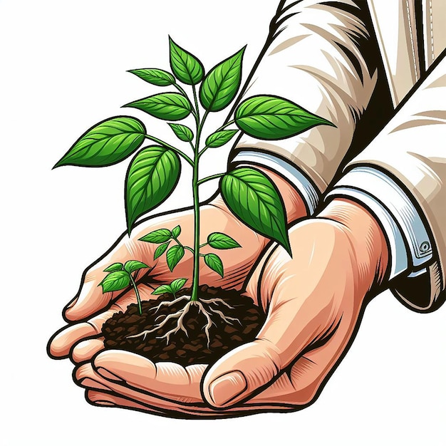 Vector illustration of young fresh plant in human hand