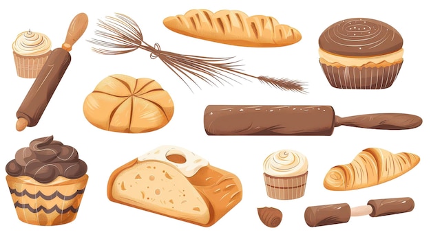 Photo vector illustrations of bread cake muffin and pastries on transparent background