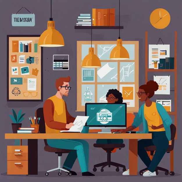 Vector illustrations of creative agency elements like team collaboration design tools and creative projects