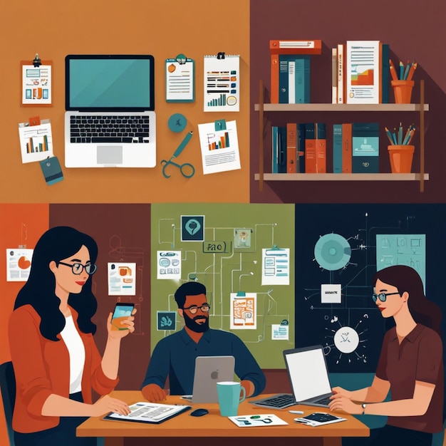 Vector illustrations of creative agency elements like team collaboration design