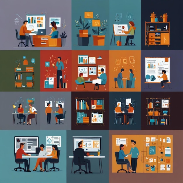 Vector illustrations of creative agency elements like team collaboration design