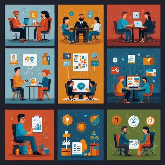 Vector illustrations of creative agency elements like team collaboration design