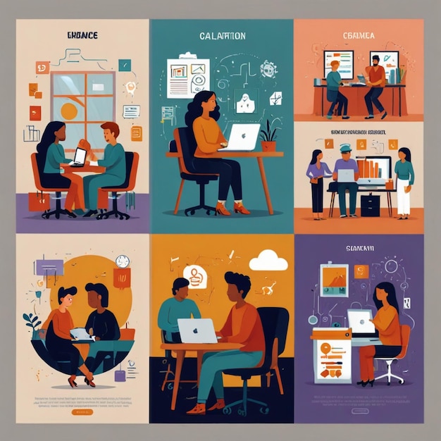 Vector illustrations of creative agency elements like team collaboration design