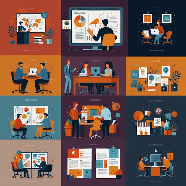 Vector illustrations of creative agency elements like team collaboration design