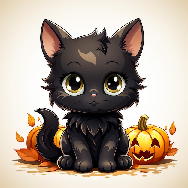 vector image illustration of cat with witch hat and pumpkins