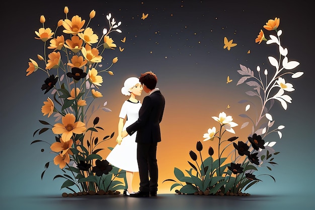 vector image silhouette of couple and flowers in aesthetic style