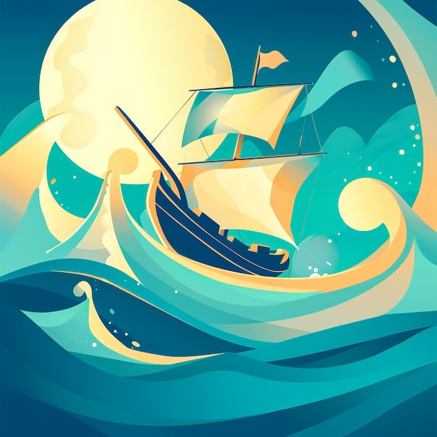 Photo vector image of small sailing yacht sea wave sunset and small sailing ship