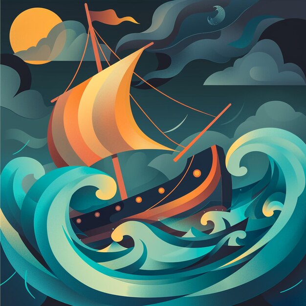 Photo vector image of small sailing yacht sea wave sunset and small sailing ship