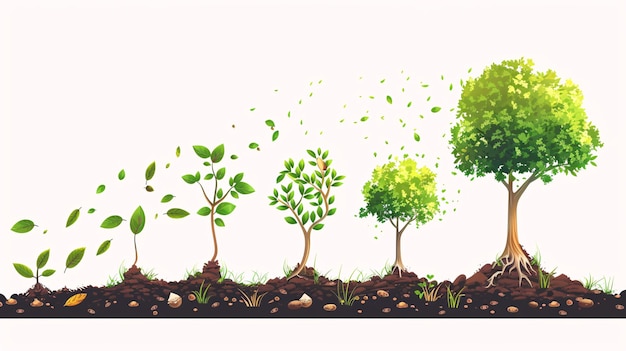 A vector infographic illustrating the lifecycle of a tree featuring stages such as seed sprouting young plant growth and mature tree development all on a white background with plenty of space at