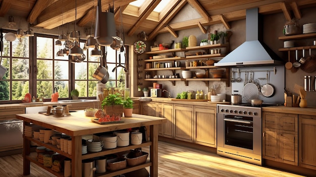 Vector kitchen interior in rustic house Generative AI