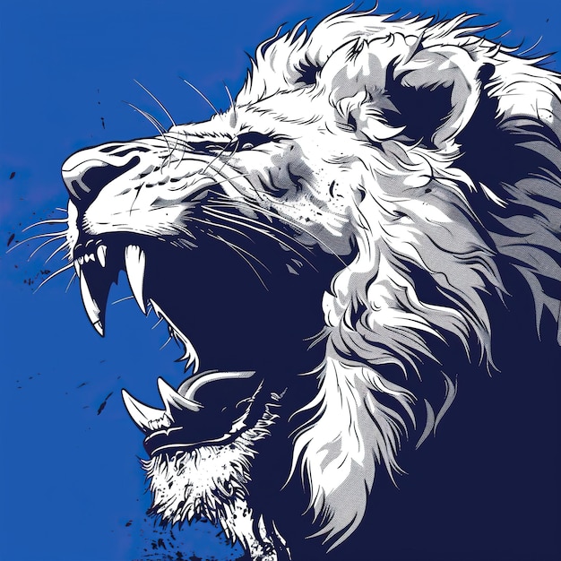 vector lion head American comic style simple clean lines bold black inking lines and dynamic line work on a blue background