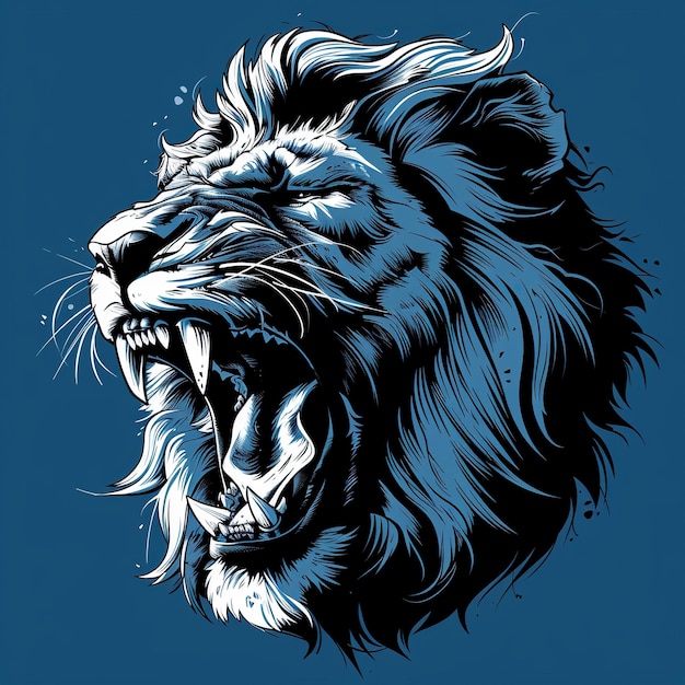 vector lion head American comic style simple clean lines bold black inking lines and dynamic line work on a blue background