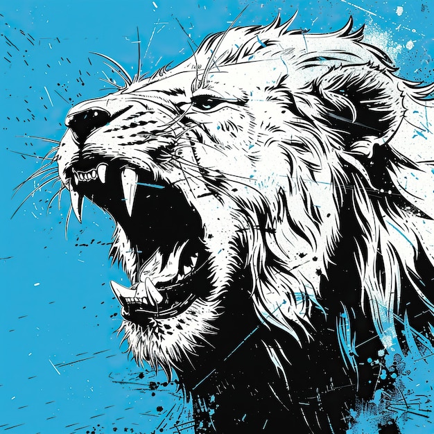 vector lion head American comic style simple clean lines bold black inking lines and dynamic line work on a blue background