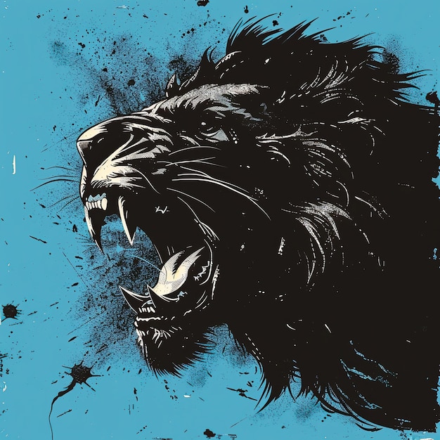 vector lion head American comic style simple clean lines bold black inking lines and dynamic line work grunge gritty monochromatic on a blue background