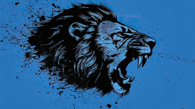 vector lion head American comic style simple clean lines bold black inking lines and dynamic line work grunge gritty monochromatic on a blue background