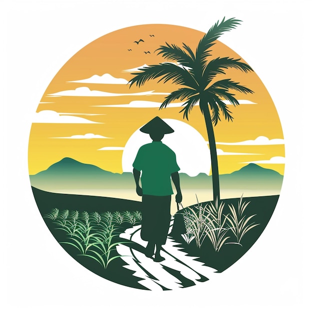 Vector logo of man going to rice field isolated